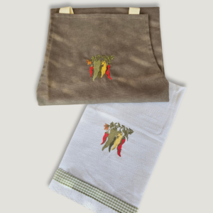 Kit Avental + Pano de Prato 100% Algodão bordados - Pimentas
