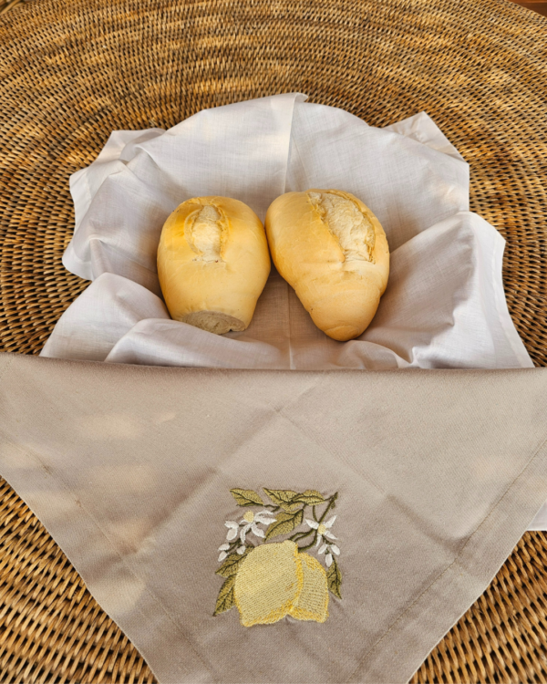 Conjunto Para Cesta de Pães 100% Algodão Bordado | Limão Siciliano