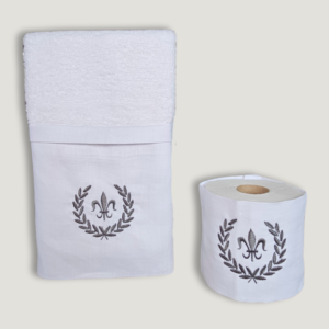 Conjunto Toalha de Lavabo e Porta Papel Higiênico - 100% Algodão e Linho.