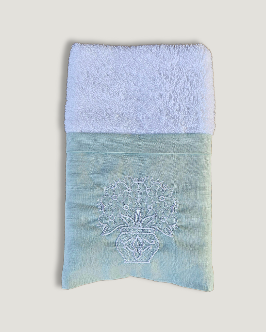 Toalha de Lavabo Bordada 100% Algodão | Barrado em Linho Verde