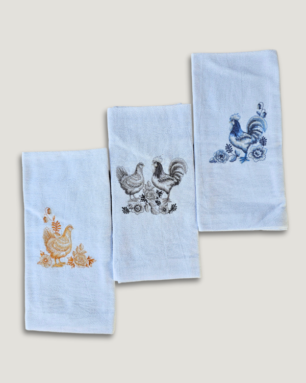 Kit Três Panos de Prato 100% Algodão Bordados - Galinhas - Imagem 2